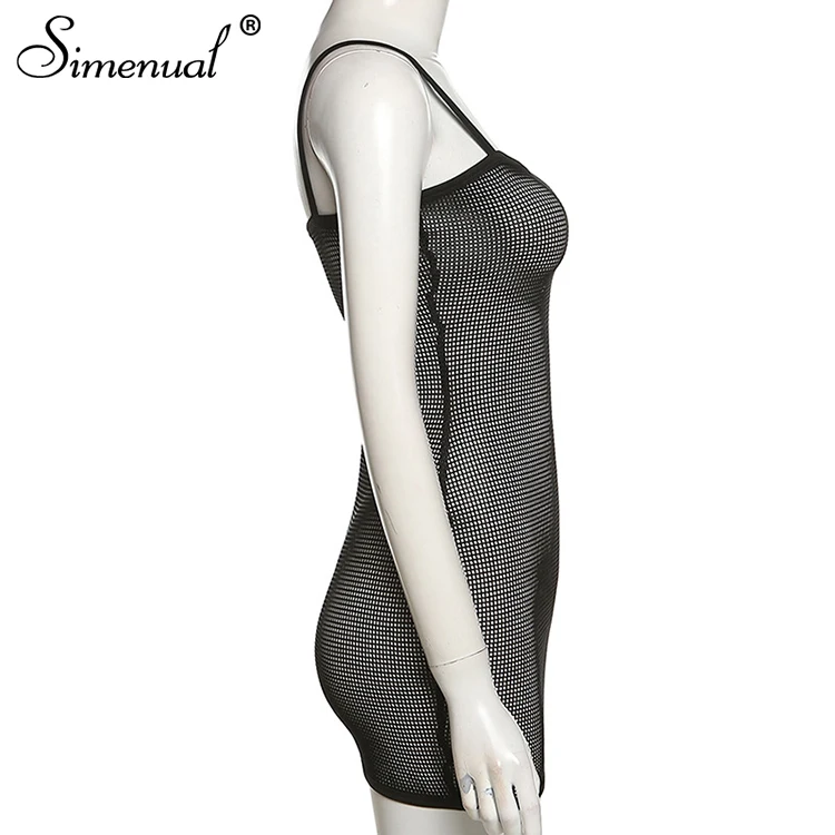 Simenual Chic Dense Mesh See Through Spaghetti Strap Mini Dress Black Sleeveless Sexy Clothes Ladies Undefined Party Clubwear satin dress