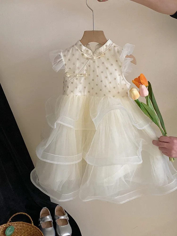 

New Chinese Temperament Dress2024Summer New Western Style Buckle Tulle Skirt Sweet Heavy Industry Cake Princess Dress