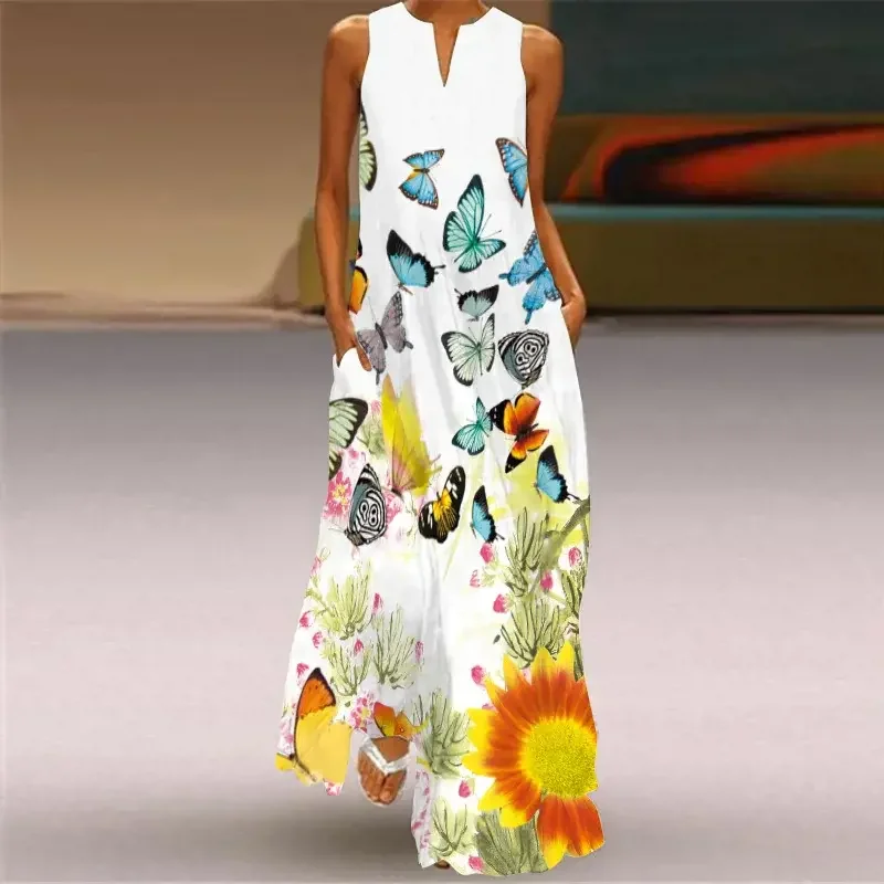 

Summer Women's fashion Sexy Maxi Dress Women Sleeveless V-Neck Printed Robe Party Retro Loose leisure Beach Vestidos Y2k 2024