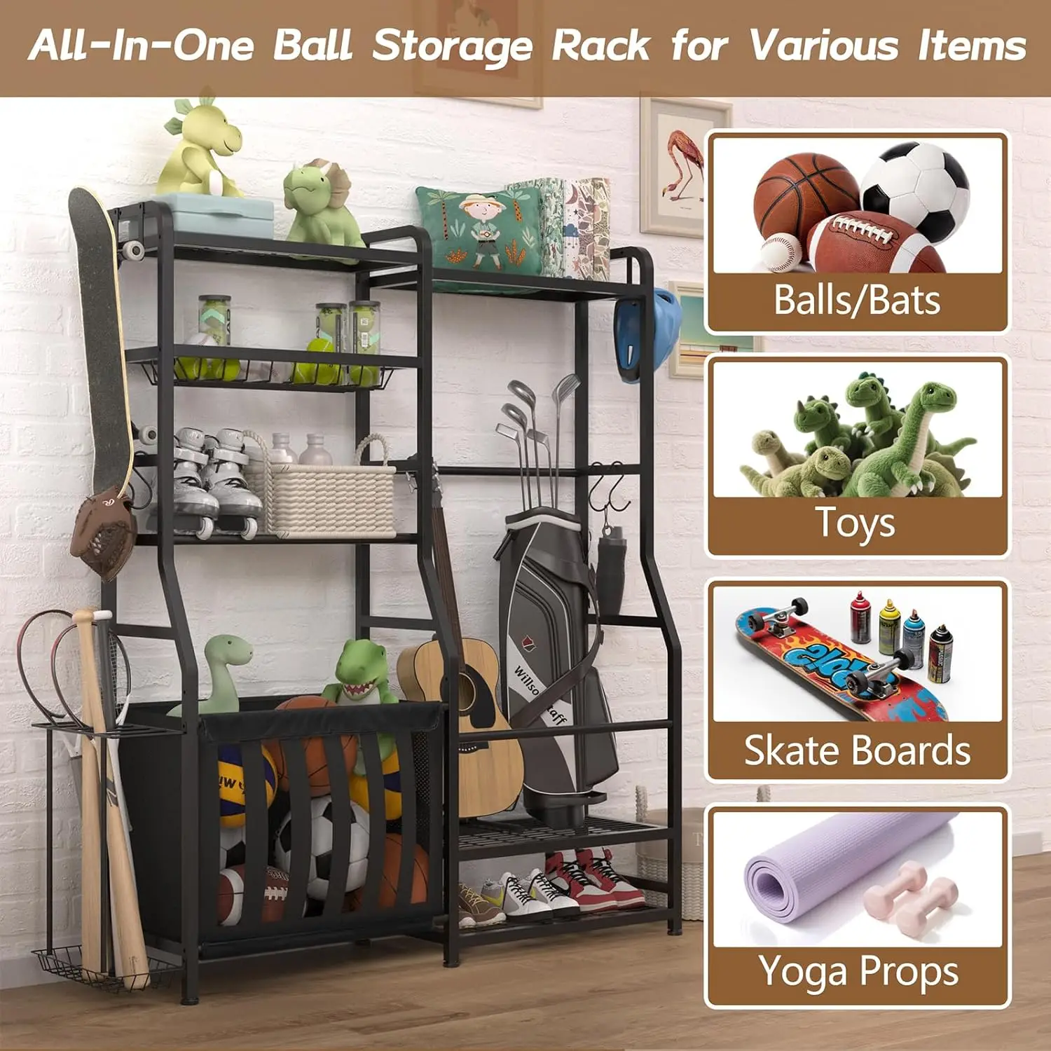 Garage Sports Equipment Organizer, Golf Bag Storage Rack, Heavy Duty Ball Holder with Basket & Hooks, Indoor/Outdoor Basketball