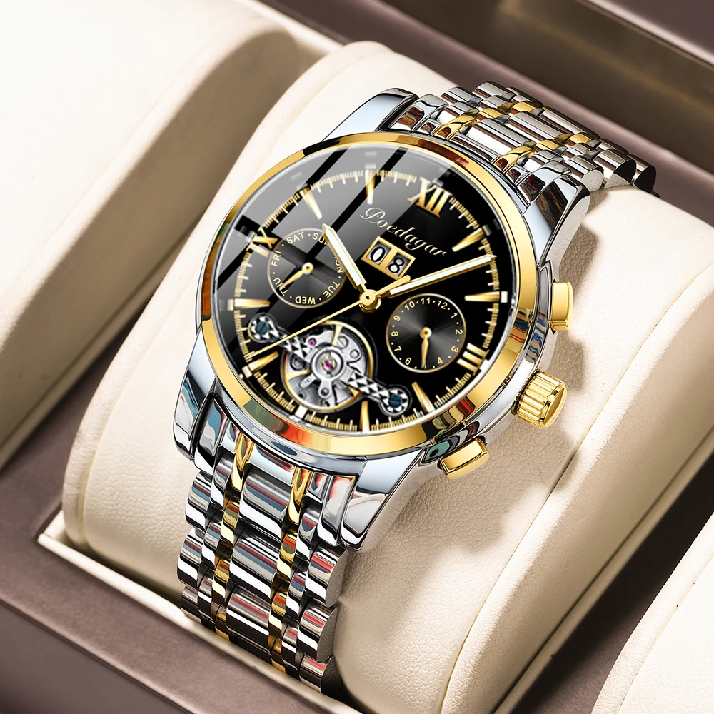 POEDAGAR Automatic Mechanical Man Wristwatch Hollow Tourbillon