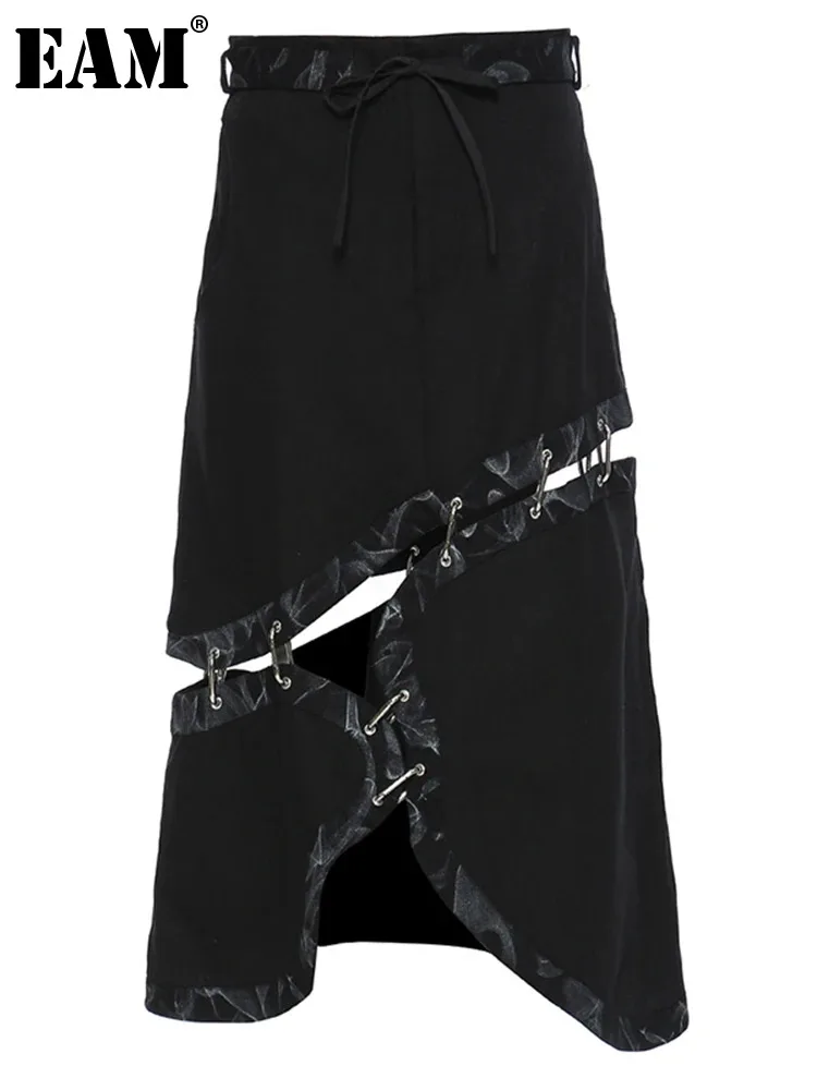 

[EAM] High Waist Black Pattern Printed Hollow Out Irregular Denim Half-body Skirt Women Fashion New Spring Summer 2024 1DE1168