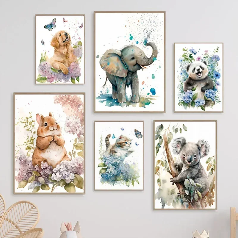 Elephant Panda Tiger Koala Cat Cartoon Animal Watercolor Posters Nursery Canvas Painting Wall Art Print Pictures Baby Room Decor 3