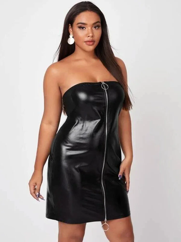 Women Plus Size Strapless Dress Matte Leather Sexy Backless Midi Dresses 6XL 7XL Summer Sleeveless Big Size Clothing Custom New