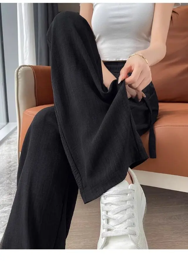 Women's High Waist Wide Leg Pants 2026 Summer Ice Silk Linen Loose Fit Flowy Straight Leg Casual Trousers Women Pants Sweatpants_ecoleips.com