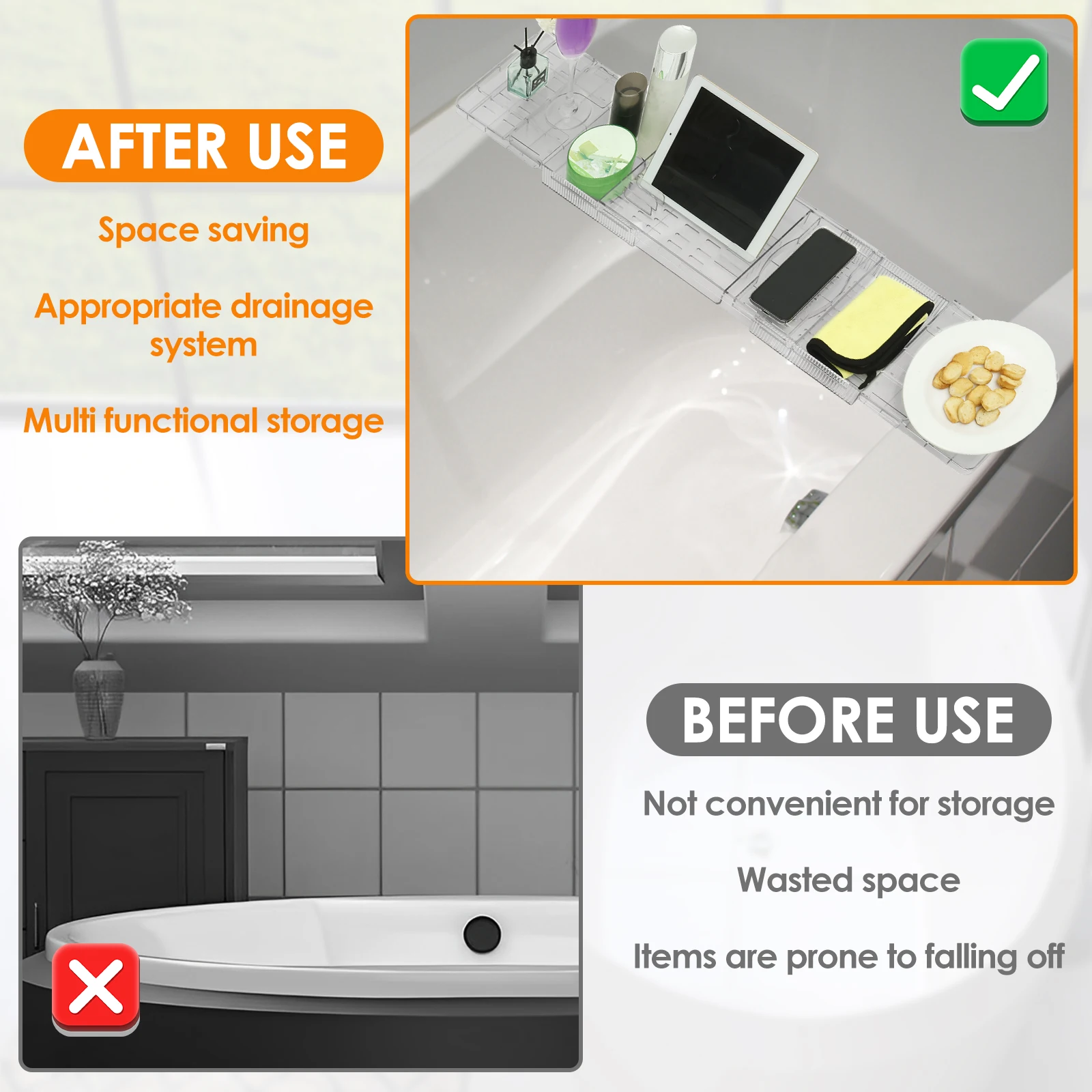 Clear Bathtub Tray Expandable Bath Shelf Over Tub Bathtub Storage Table Multifunctional Bathroom Accessories for Home Bathroom 3