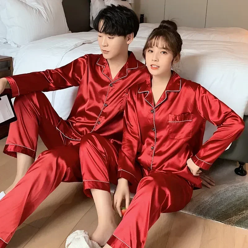 

Color Couple Satin Solid Pijama Pyjamas Size Silk Men Set Sleepwear Button-down Pj Plus Loungewear Suit Women Long Pajamas