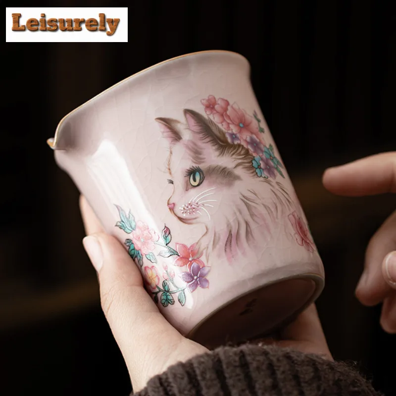 220ml Pink Ru Kiln Flower Cat Tea Pitcher Tea Divider Cha Hai Dispenser Household Justice Cup Fair Mug Drinkware Accessories