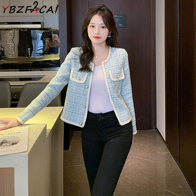 

Blue Tweed Jacket 2022 Women's Luxury Round Neck Pearl Single Breasted Slim Coat Korean Casual Cropped Top Woolen Plaid Jacket
