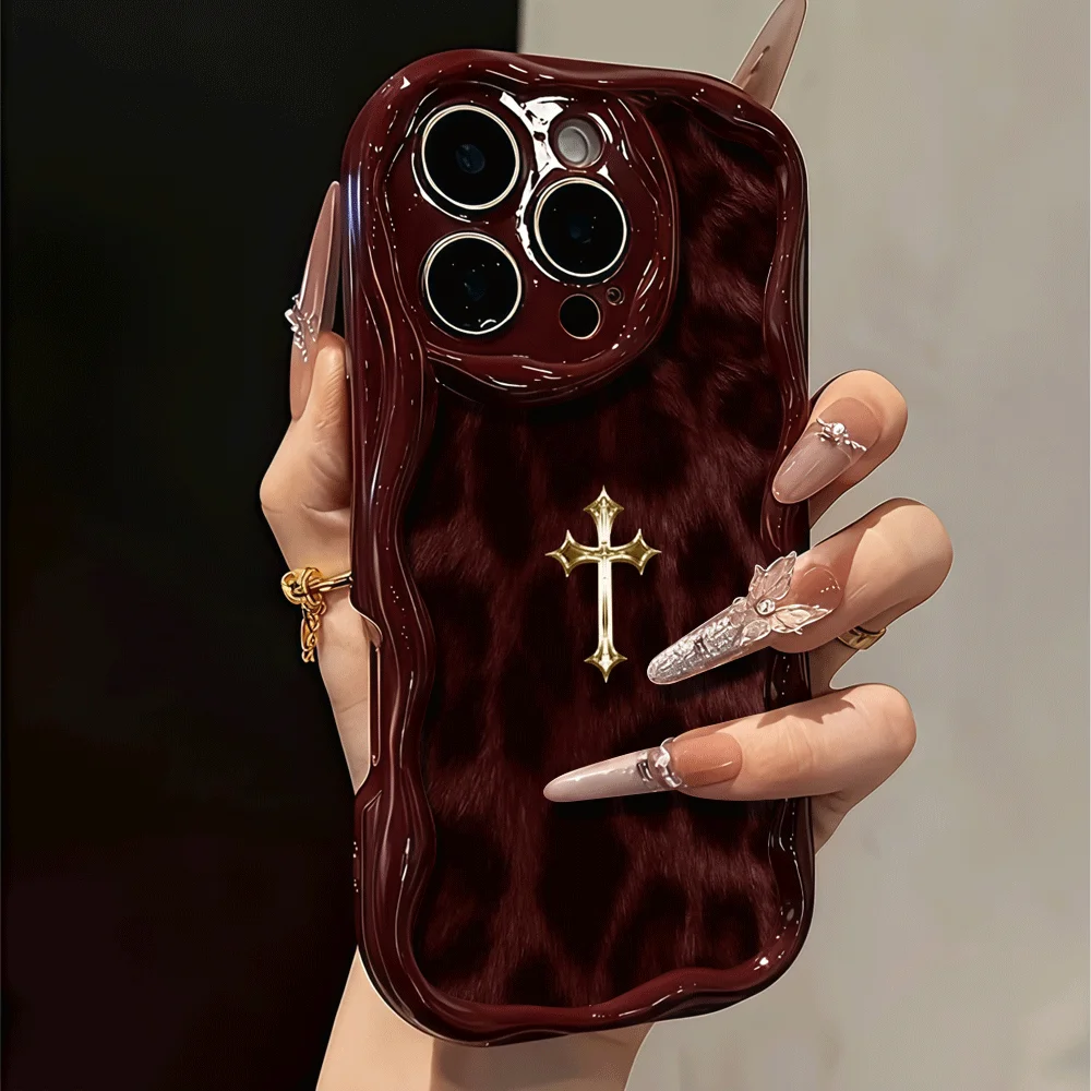 Shockproof Soft Cream Wavy Leopard Fur Metallic Cross Phone Case