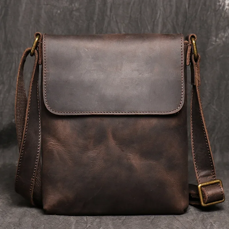 Vintage Crazy Horse Leather Shoulder Bag, Crossbody Bag, Genuine Leather Men's Bag with Large Capacity for iPad