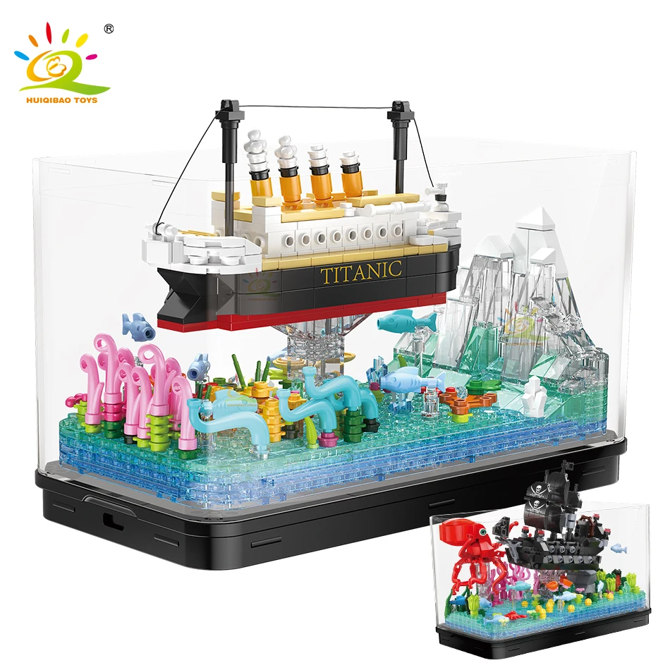 

HUIQIBAO MOC Titanic Ship Fishbowl Building Blocks Sea display box With Lighting Bricks City Construction Toys For Children Kids