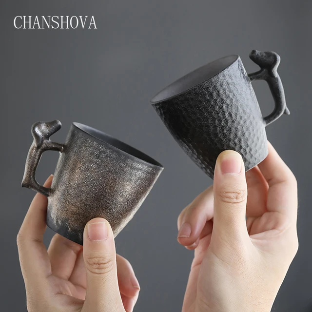 CHANSHOVA 95ml Traditional Chinese Retro Color Glaze Handmade Ceramic Coffee cups Coarse Pottery Tea cup Dog handle Mugs T016