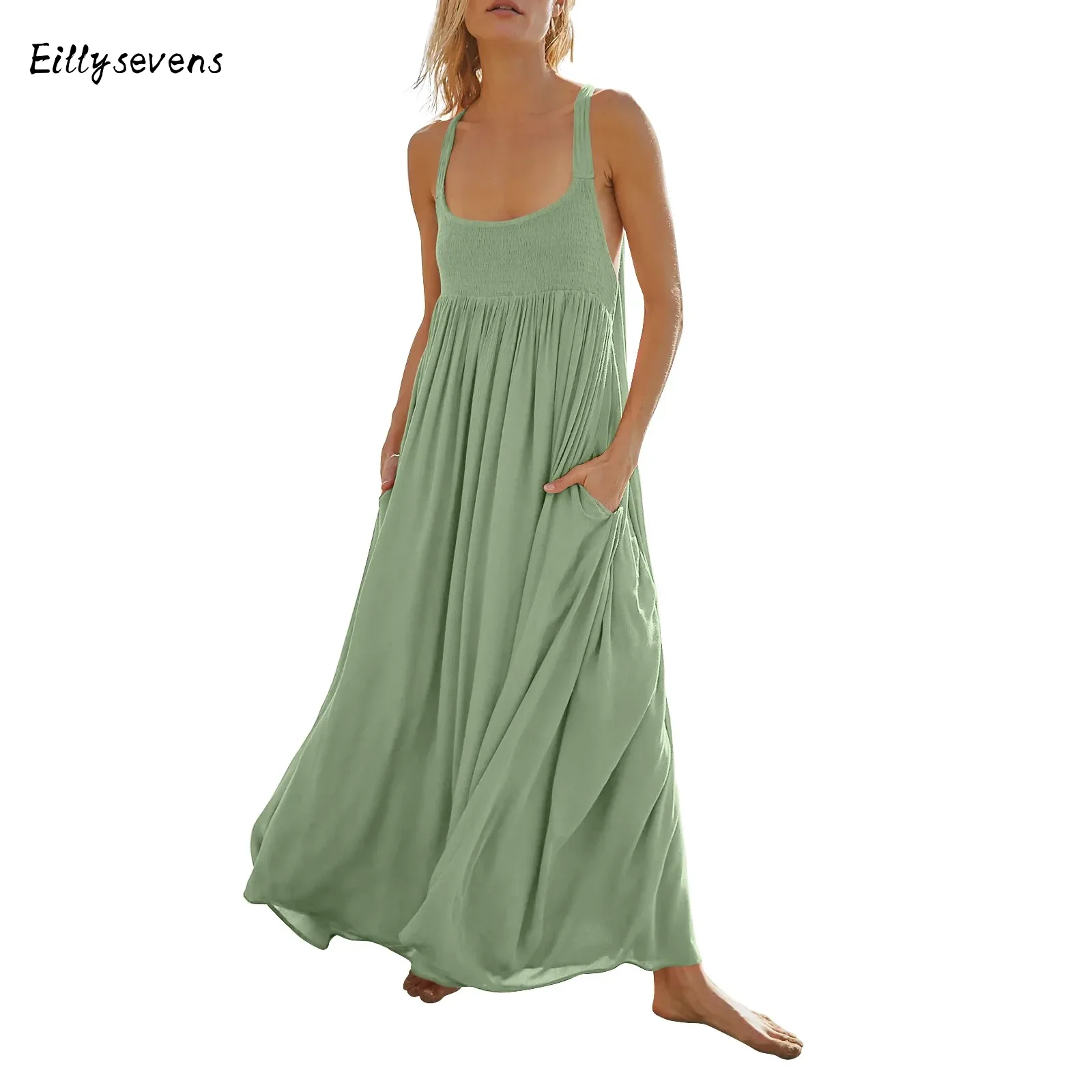 

Women'S Tank Dress Summer Casual Solid Sleeveless Dress Pleated Flowy Loose Maxi Dresses With Pockets Leisure Vacation Style