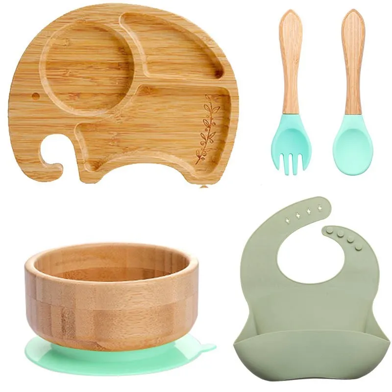 5pcs-set-baby-feeding-bowl-dinner-plate-bib-fork-spoon-kids-feeding-cartoon-tableware-bamboo-wood-non-slip-children's-tableware