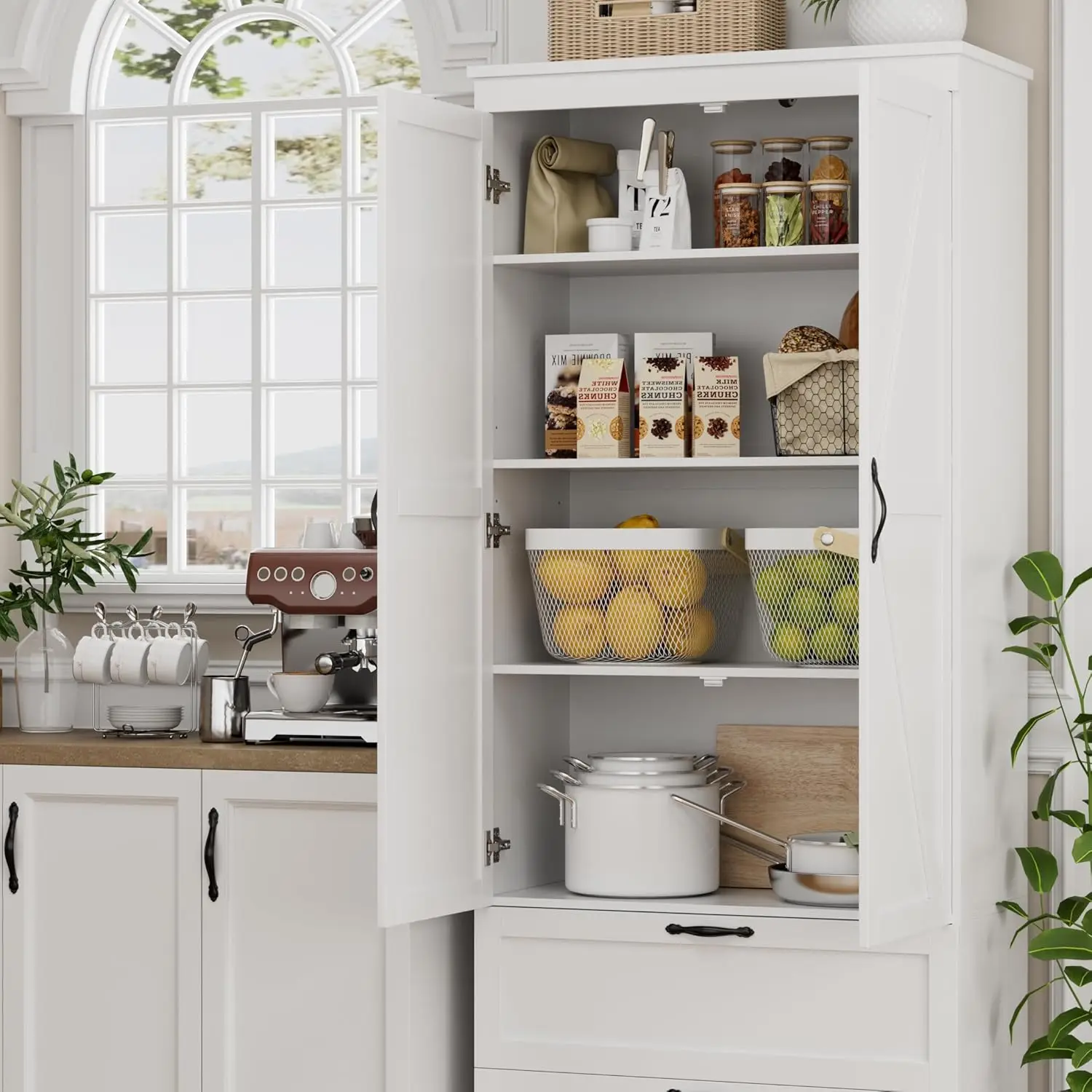 70" Tall Kitchen Pantry Storage Cabinet, Barn Doors Pantry Cabinet with Drawers and Adjustable Shelf 6