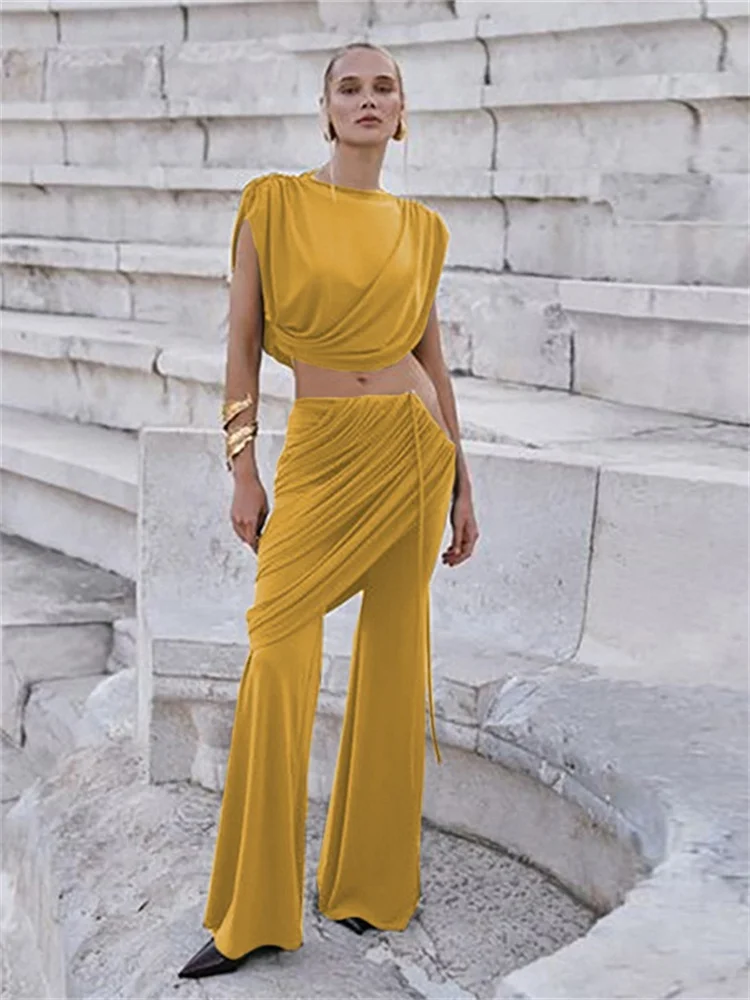 Wmstar Two Piece Set Women Sexy CropTop Flared Pants Sets Summer Clothes Outfits Draped Matching Sets Wholesale Dropshipping