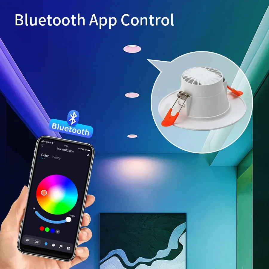 Smart Bluetooth LED Downlight, 10W, Dimmable RGB, App & RF Remote Control