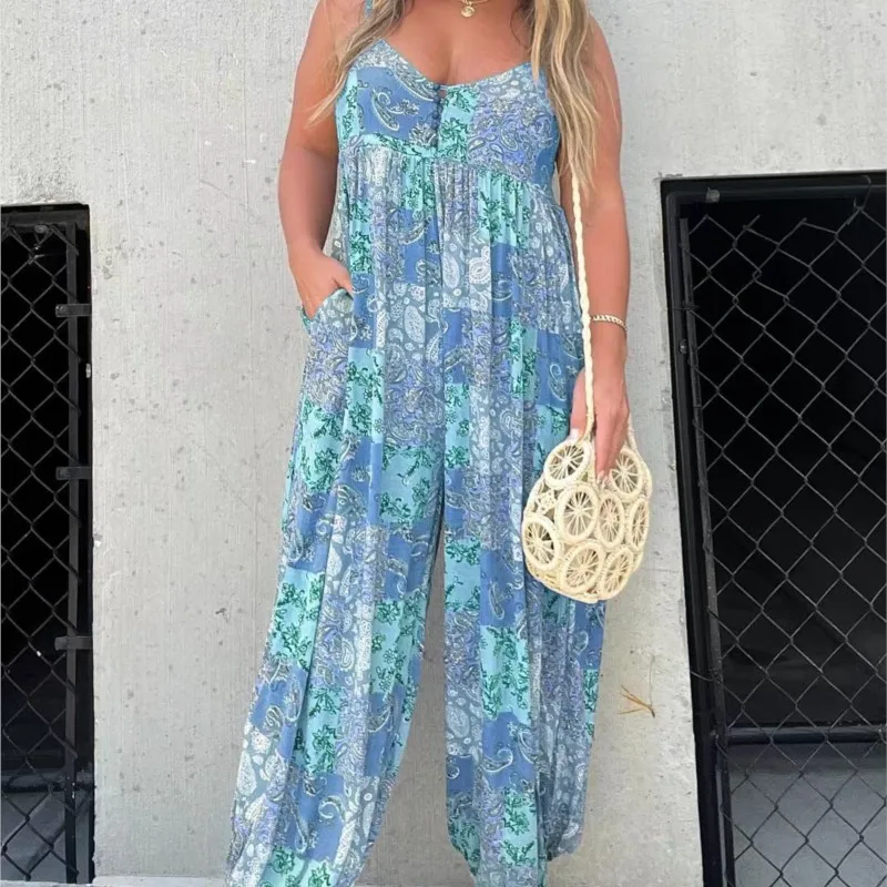 

Summer New 2023 Women's High Waist Trendy Painted Loose Print Casual Sling Back Shoulder Strap Jumpsuit Women's Wear
