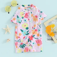 Toddler Girls Rash Guard Swimsuit Rompers Zipper Short Sleeve Floral Print Kids Bathing Suit Baby Swimwear 3