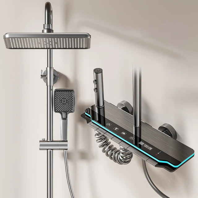 Gray Shower System Set Adjustable lengths Multifunctional Piano Keys Temperature Display Bathrooms Shower Set 7