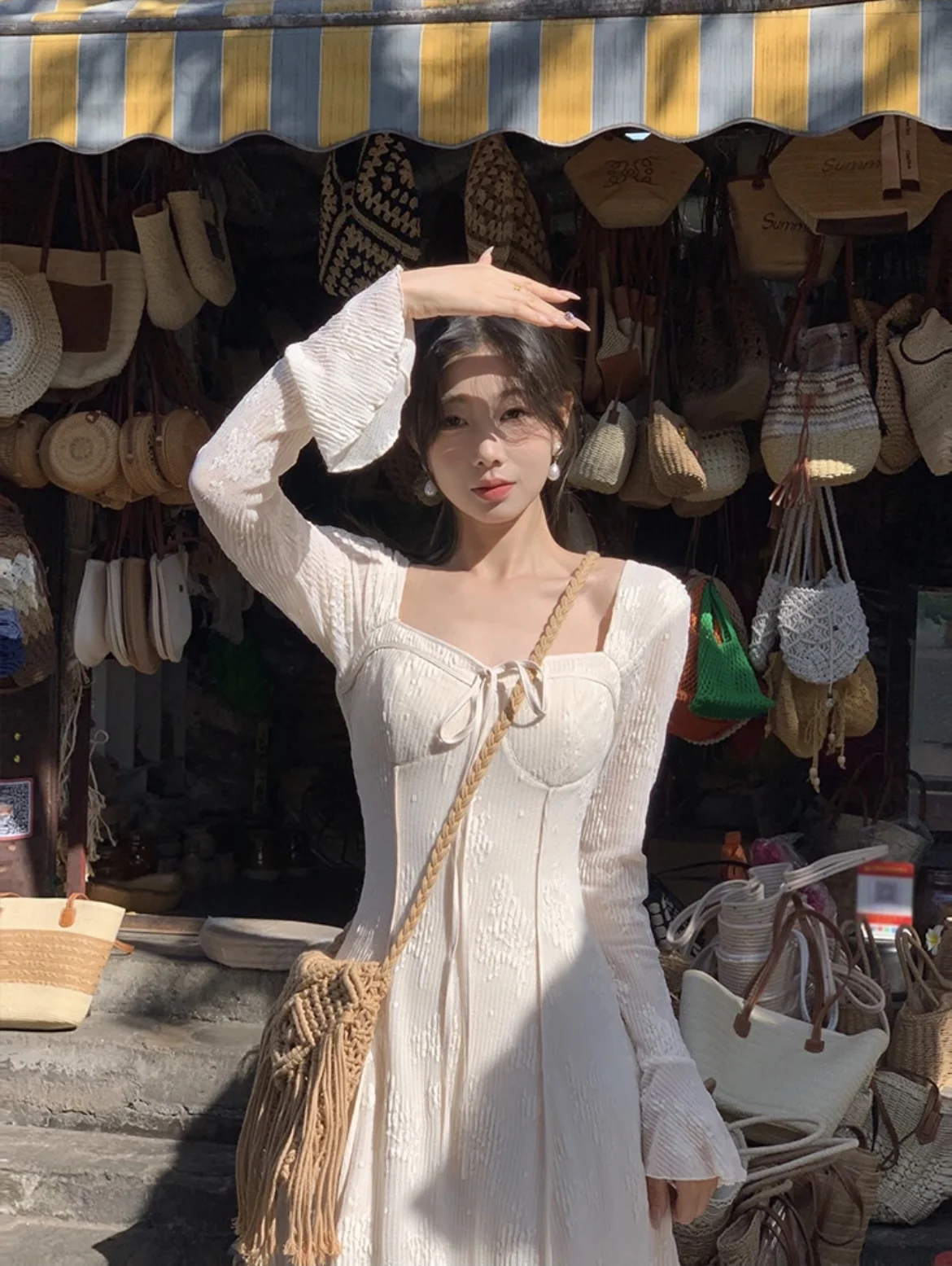 Women's Solid Midi Dress Flare Sleeves Square Collar A-Line Lace Up Autumn Spring French Elegant Vintage Prom Robe Vestidos New