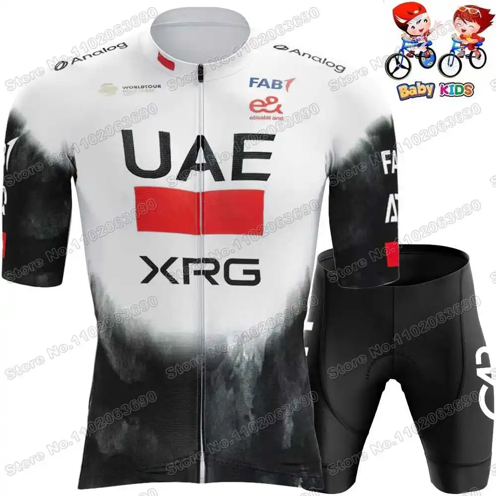 2025 Kids UAE Team Cycling Jersey Set France Italy Children Cycling Clothing White Yellow Pink Road Bike Shirt Suit Bicycle Pant 2