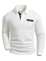 Polo carré à carreaux pour hommes, tissu texturé, couleur unie, hauts à manches longues, boutons à carreaux, Patchwork, col Henley 2