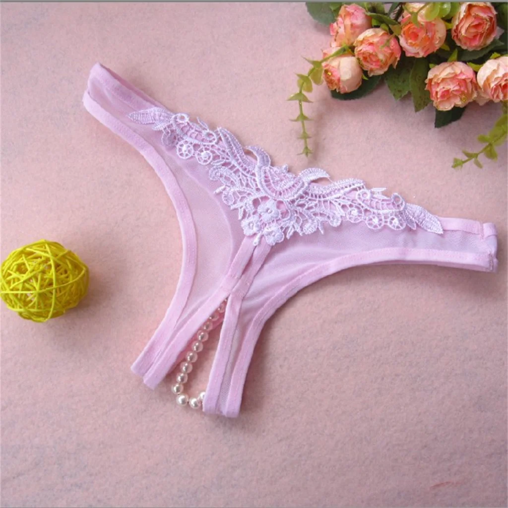 Women Sexy Open Crotch Panties Lace Briefs Underpants Female Lingerie Sexy Underwear Ladies Pearls Crotchless Thong G-String