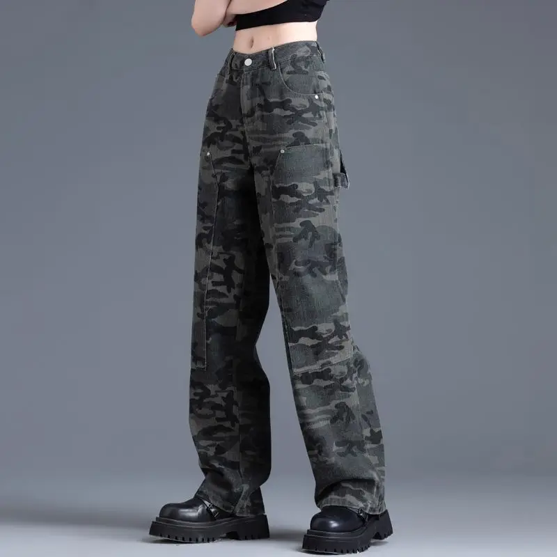 Women's High Waist Button Zipper Sashes Camouflage Wids Leg Jeans Autumn and Winter Military Loose Pockets Tooling Casual Pants women s mens waist belt buckle military army tactical accesories waist band for men women cinto tatico militar ceinture femme