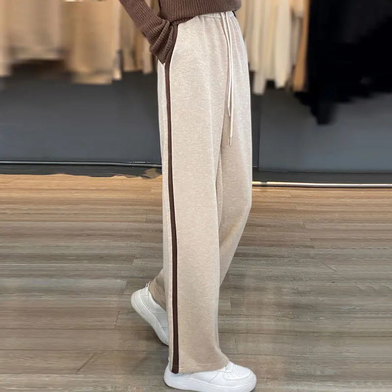 New Side plus Stripe Women's Knitted Cotton Top Loose High Elastic Waist Warm Wide Pants Draping Effect Straight-Leg Trousers