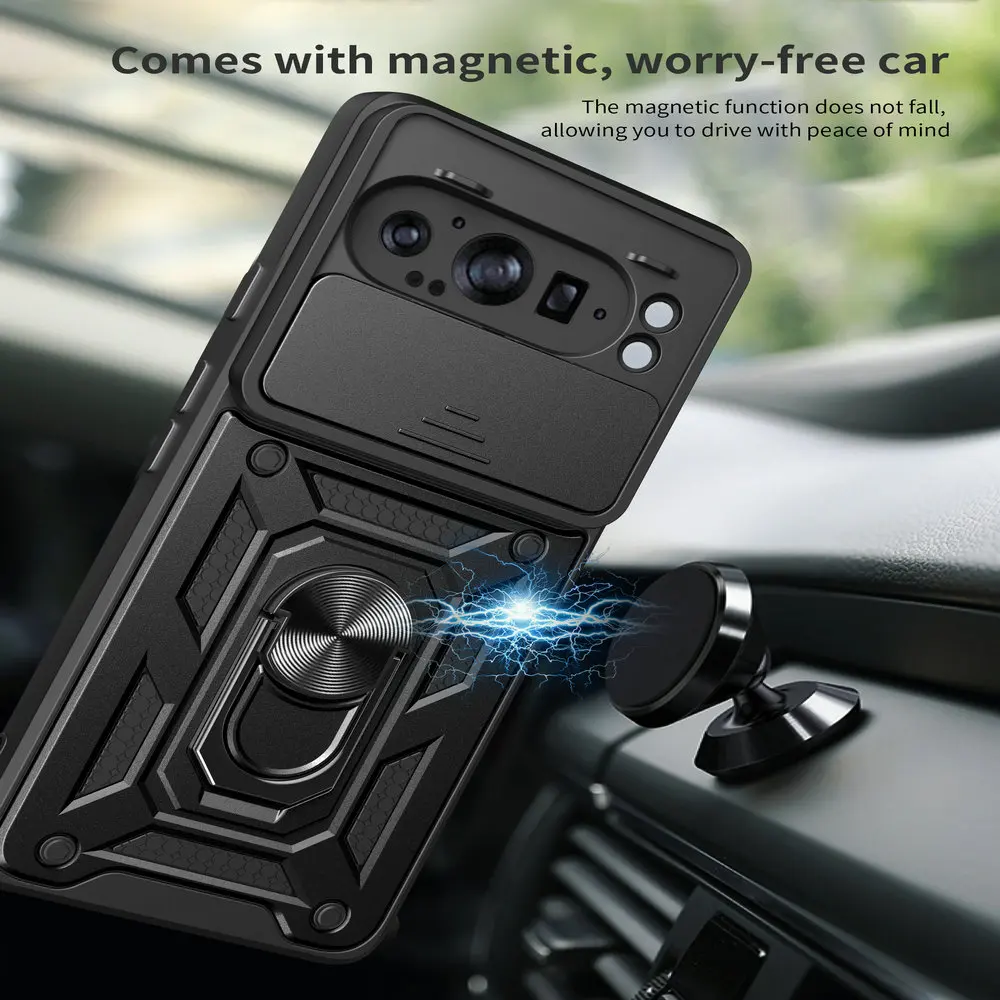 Magnetic Back Case with Armor Camera Slide Ring Cover