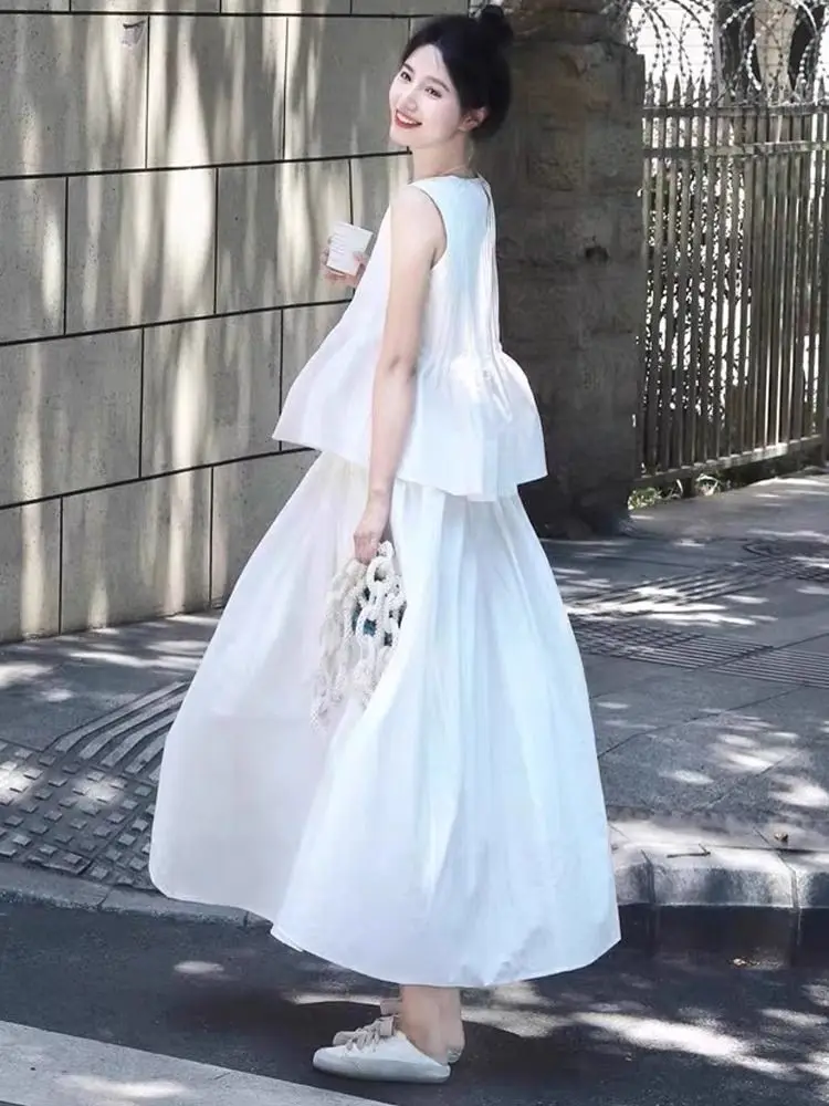 French Gentle Style Temperament Set Women's Summer First Love Sleeveless Top A-line Half Skirt White Two Piece Set