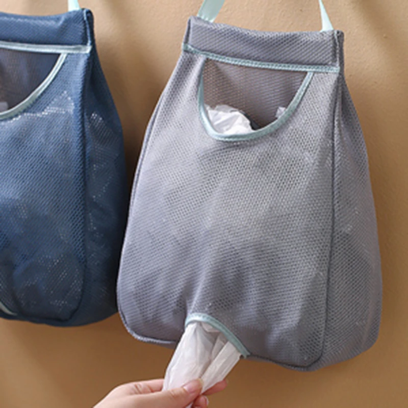 Garbage Bag Holder For Plastic Bag Wall Hanging Washable Mesh Storage Bags Plastic Dispenser Kitchen Tools