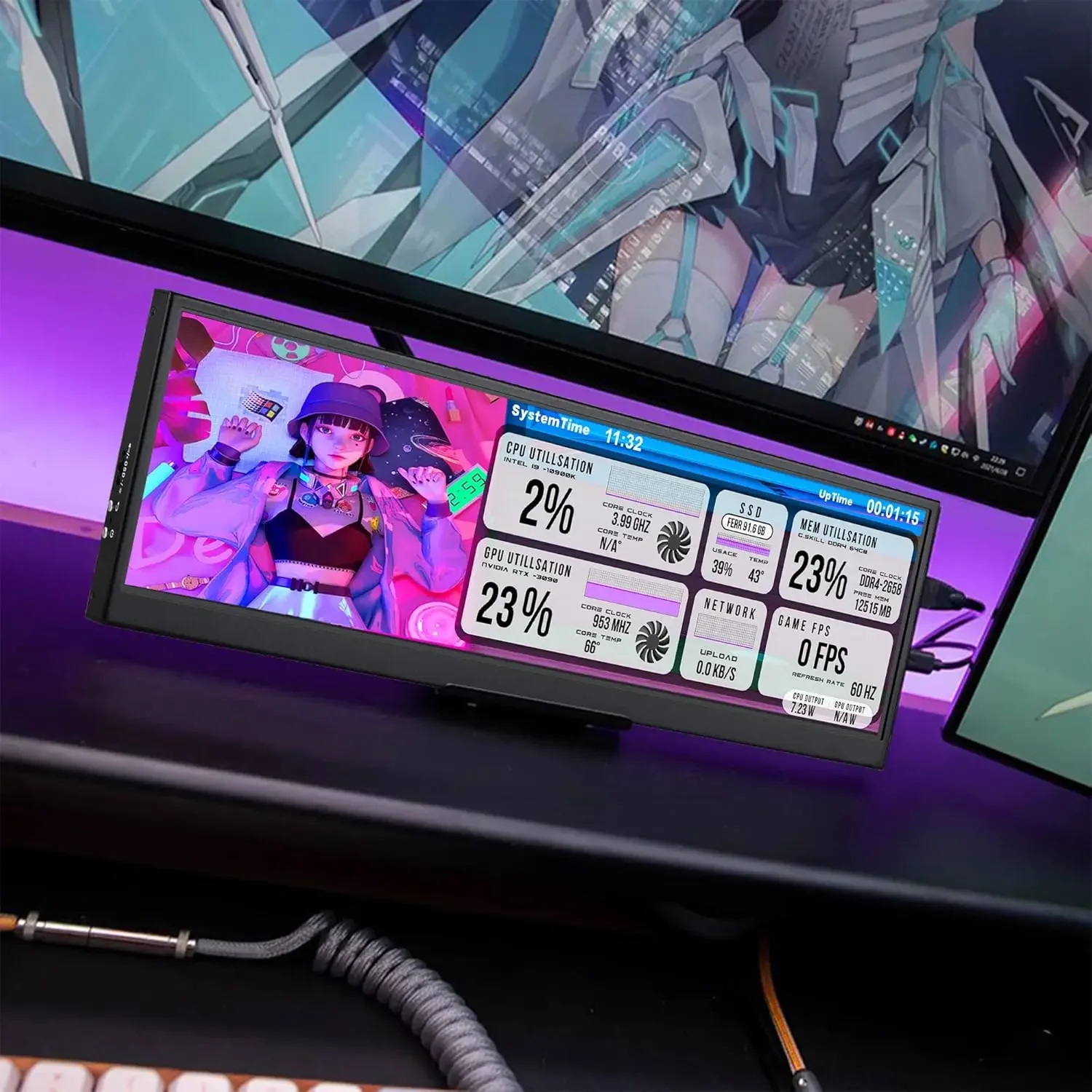 Wisecoco 보조 화면 IPS 터치 모니터, 스트레치 바 LCD 디스플레이, Aida64 서브 CPU GPU 디스플레이 노트북용, 12.6 인치, 1920x515