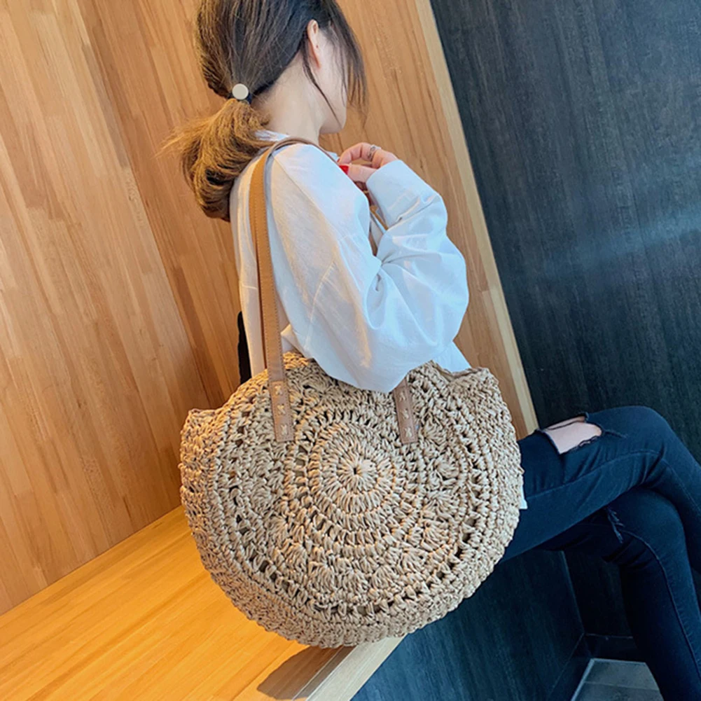 

Round Straw Beach Bag Women 2023 Vintage Large Woven Shoulder Bag Raffia circle Rattan bags Bohemian Summer Vacation Boho Bags