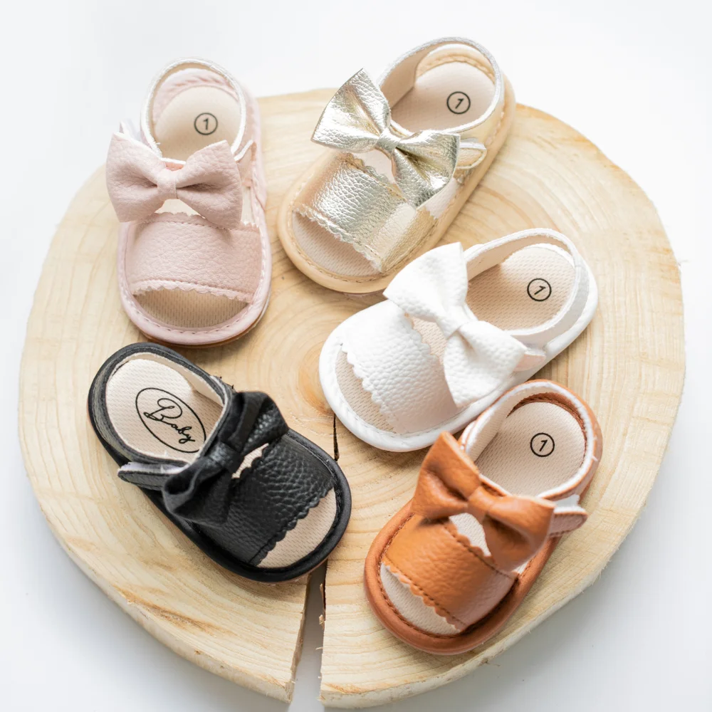 Newborn Classic Walking Shoes Summer Girls Breathable Sandals Pure Color Bowknot Garden Shoes Anti-slip Rubber Sole Baby Shoes 1
