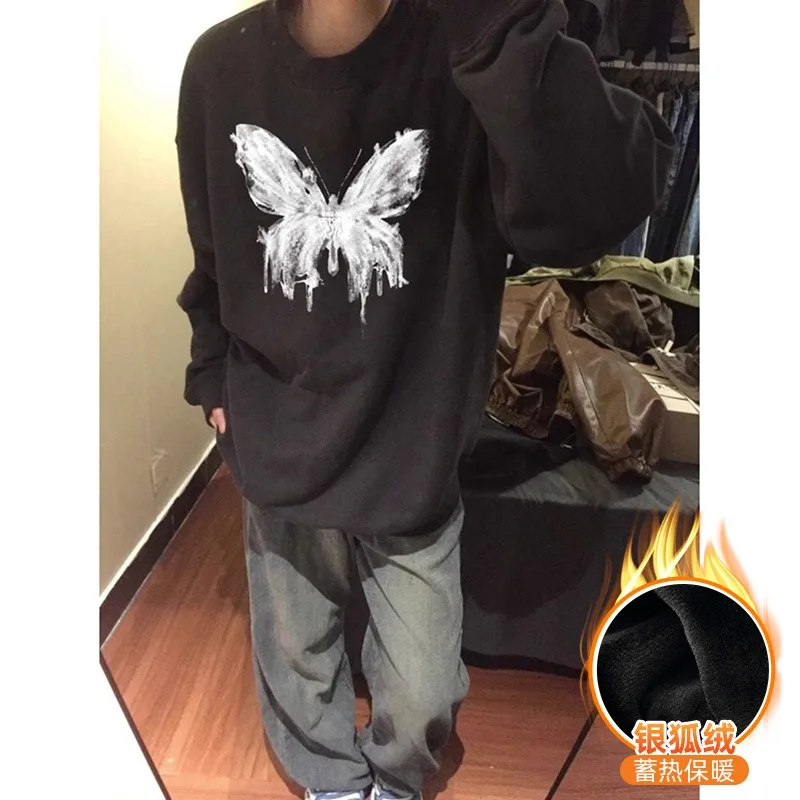 

2023 Autumn Women's Casual Y2K Long Sleeve Butterfly Print Sweatshirts Korean Chic Style Female Fashion Loose Fit Hoodies Top