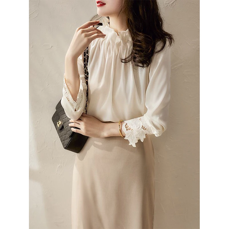 Spring Autumn Folds Stand Collar Elegant Fashion Long Sleeve Shirt Lady Hollow Out Blouse Female Solid Color All-match Pullovers