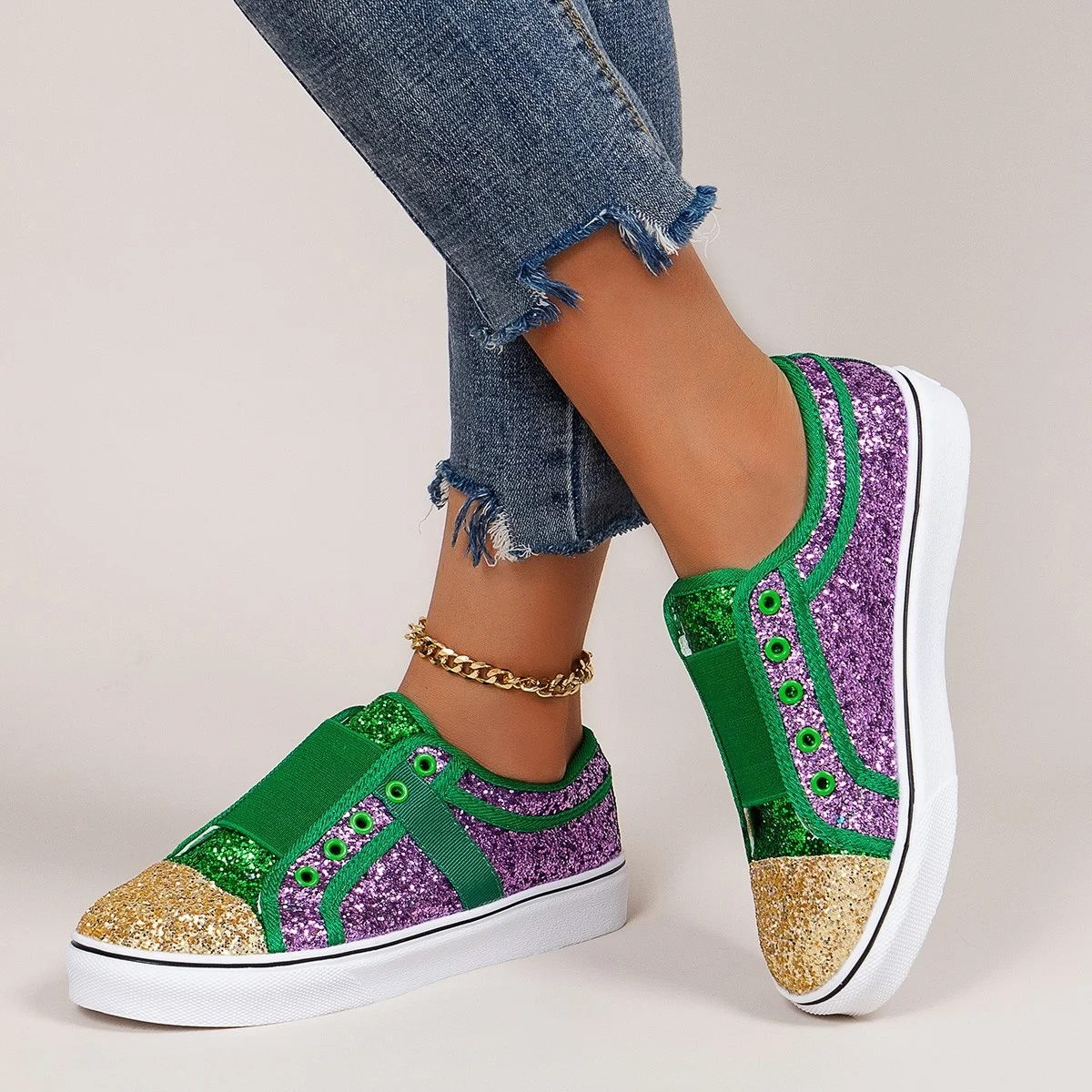 

Sequin Fashion Women's Shoes Elastic Single Shoes Women's Large Round Toe Thick Sole Fashionable Low-top Shoes
