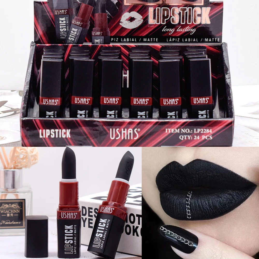 

24Pcs Terror Halloween Lipstick Lip Stain Midnight Black Rich Pigment Make up Special Effects Make up Waterproof Longlasting