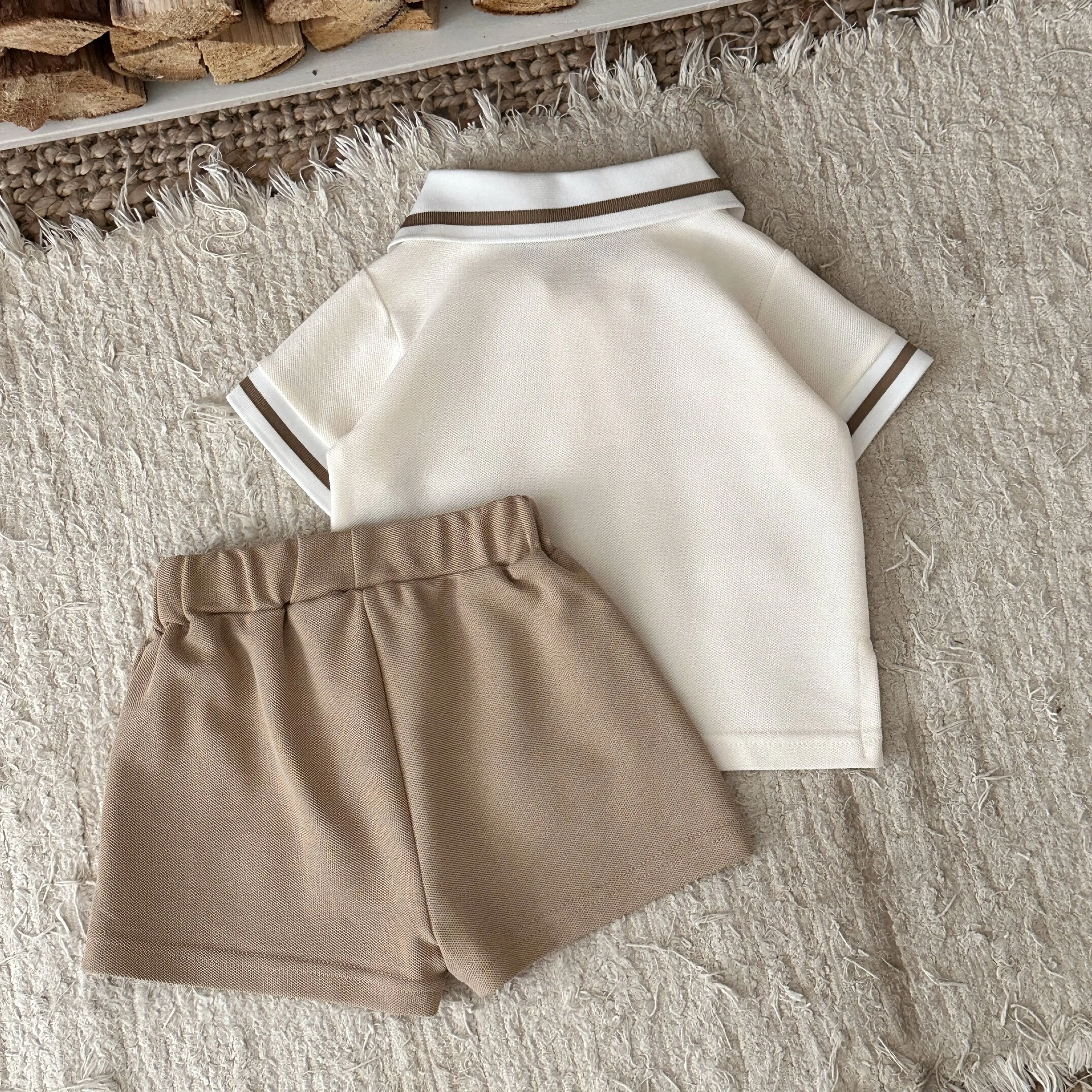 0-3Y Summer Baby Boy Girl 2PCS Bear Decoration Casual Set Lapel Striped Short Sleeve Top+shorts Cotton Children's Clothing 2