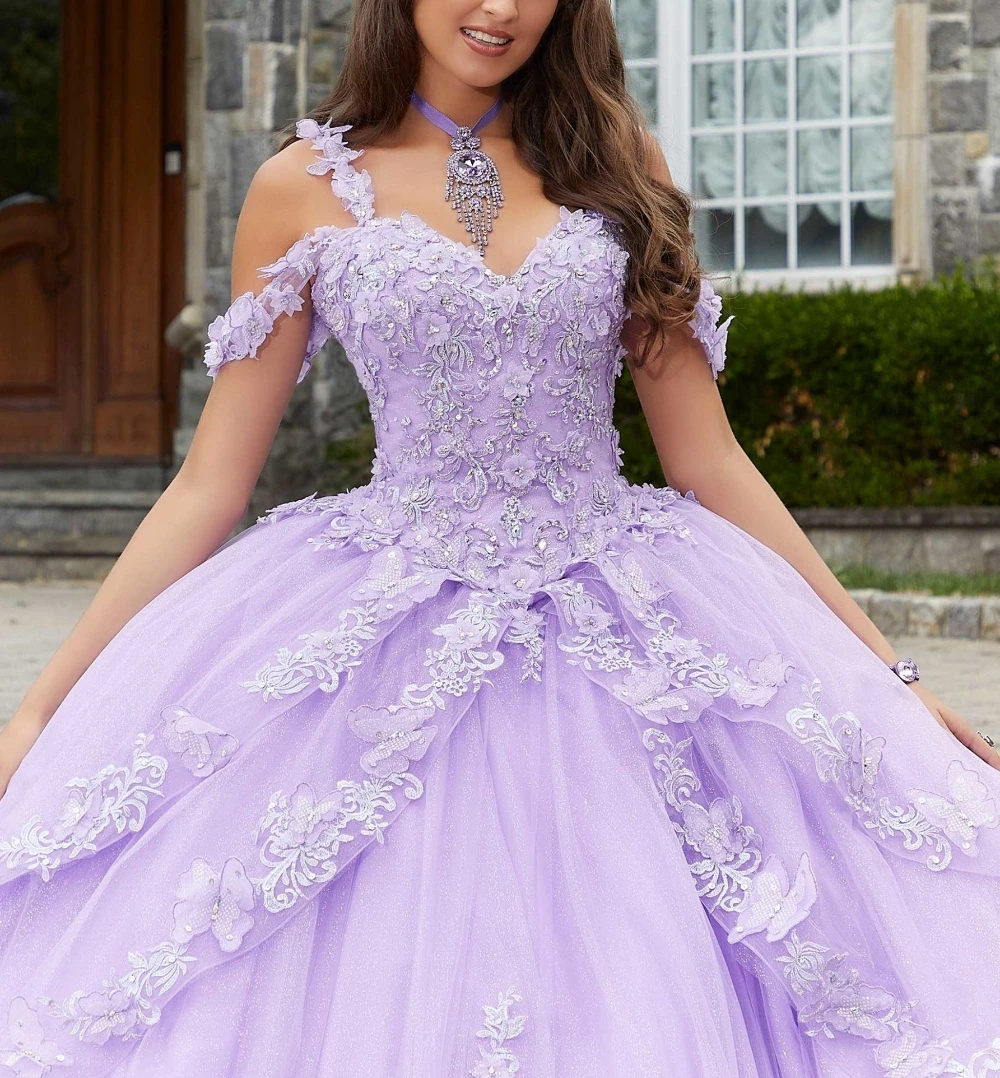 EVLAST Fairytale Blue Quinceanera Dress Ball Gown Crystal Beaded Appliques Butterflies Layered Sweet 16 Vestidos XV Años TQD122