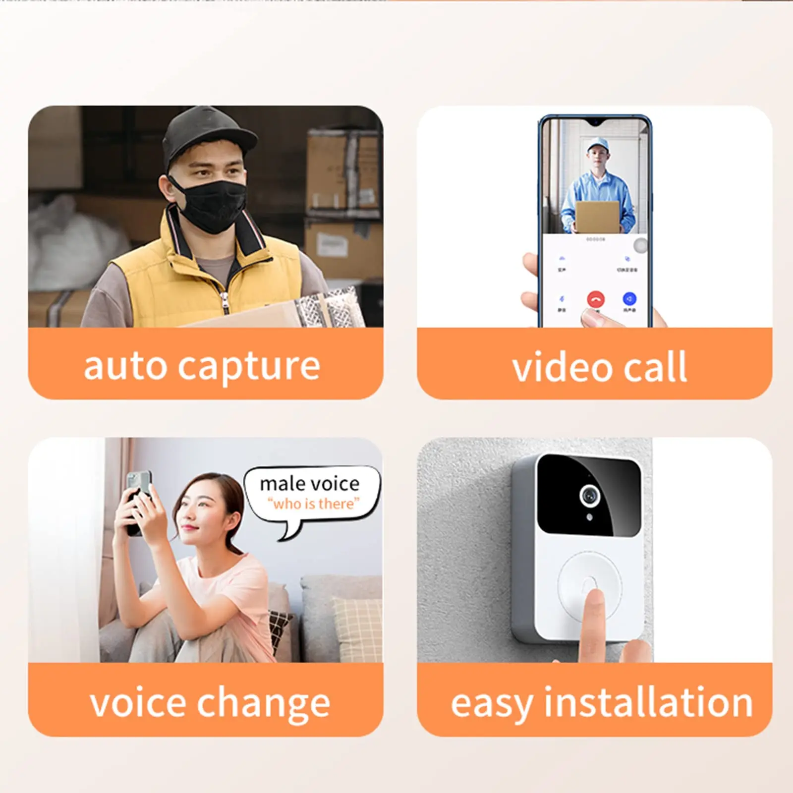 Wireless Intelligent Security Doorbell HD Night Vision Camera WiFi Rechargeable Two-way Interphone