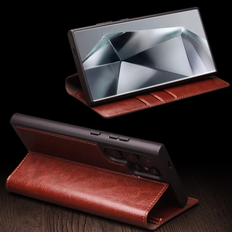 Qialino Genuine Leather Phone Case For Samsung Galaxy S24 S23 S25 Plus Ultra Business Style Fashion Luxury With Card Slots Cover