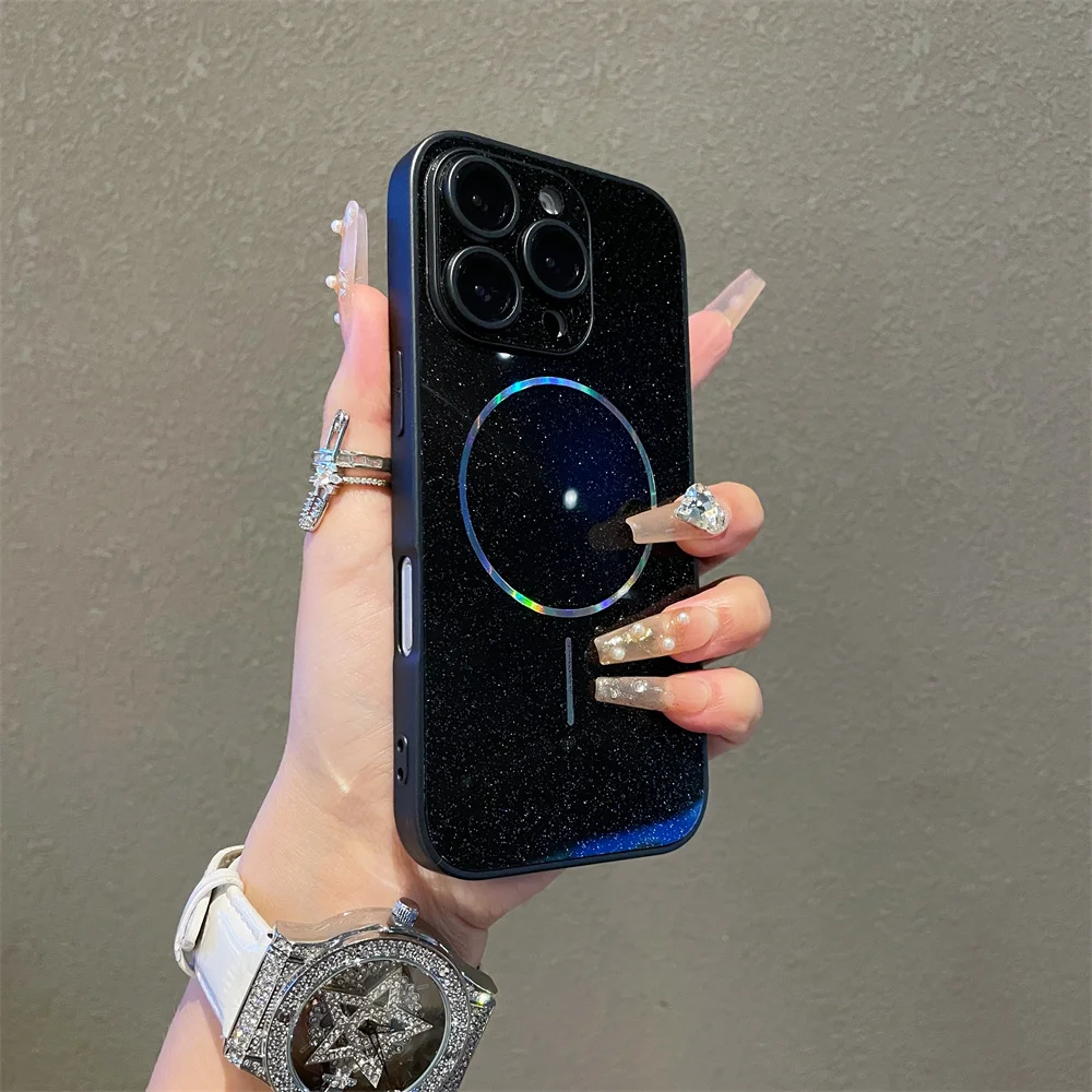 Luxury For Magsafe Glitter Aurora Glossy Phone Case For iPhone 15 16 17 Pro Max 14 Plus 13 12 11 Full Lens Protection Back Cover