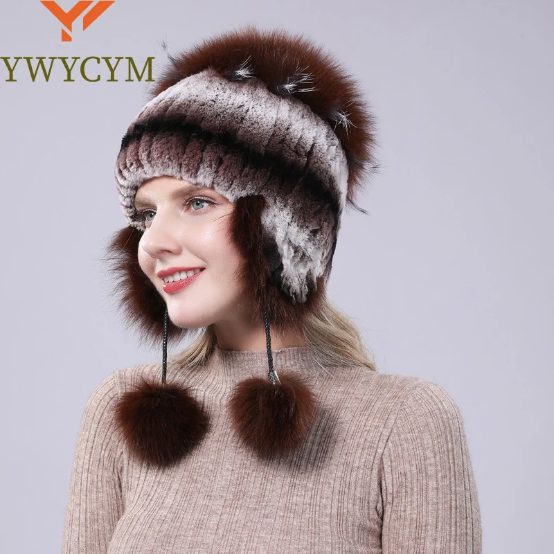 

2024 New Winter Hat For Women Warm Natural Genuine Rex Rabbit Fur Knitted Hats With Ear Flaps Handsewn Fashionable Bomber Hat