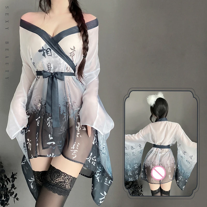 

Sexy Women's Nightgown Chinese Ink Painting Gauze Ancient Hanfu Uniform Pajamas Ultra Thin Transparent Erotic Kimono Bathrobe