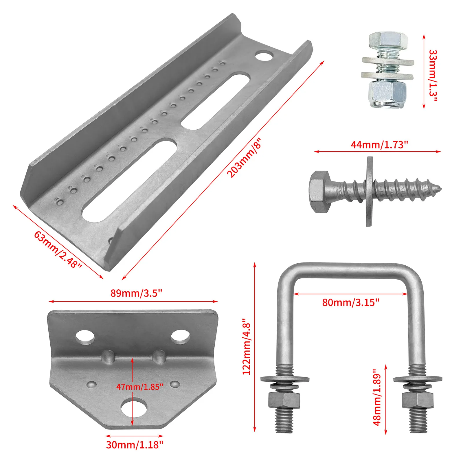 (4) 8" Swivel Bunk Bracket Kit with Hardware For Trailer Hardware Suitable For 3"x3" Boat Trailer Crossmember Cross Components
