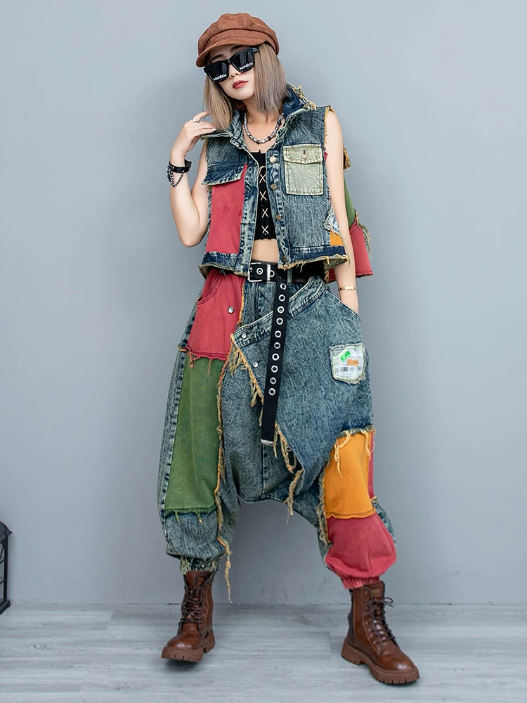 New Personalized Fashion Set Women's Contrast Old Sleeveless Denim Vest Harem Pants Patchwork Streetwear Straight Two Piece Set personalized animals metal bookmarks custom dog photo bookmark pet picture book page marker straight ruler gift for friend